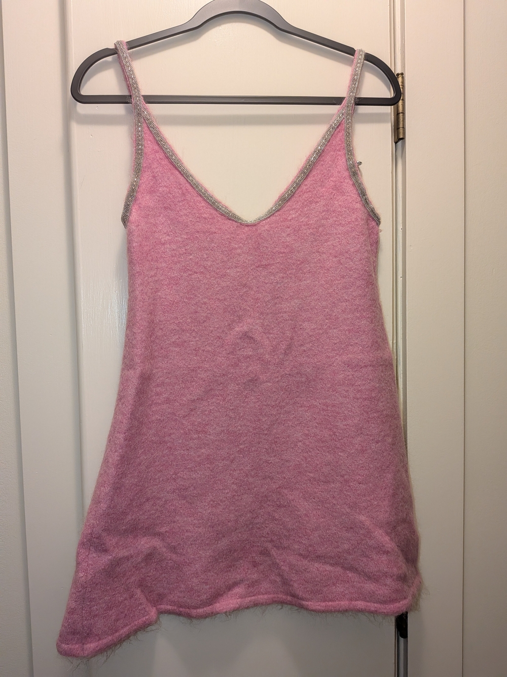 Zara Pink V-Neck Fuzzy Slip Dress with Silver Bedazzled Embelish Trim Size Large